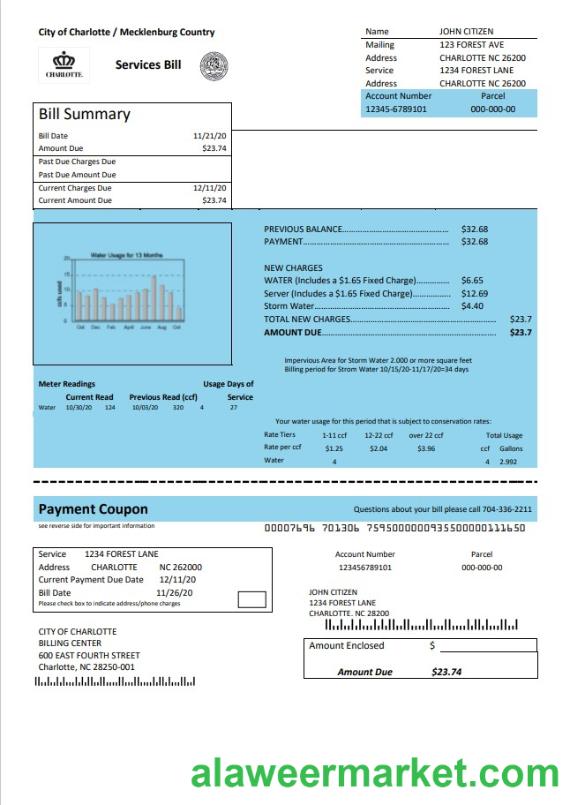 USA North Carolina City of Charlotte water utility bill template in Word and PDF format